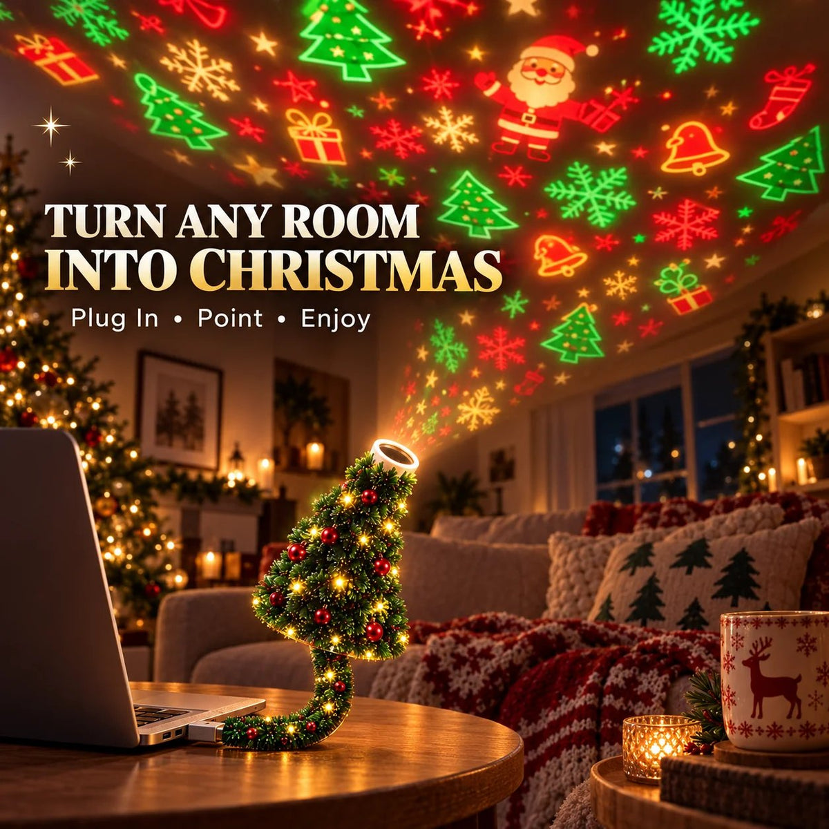🎄 Christmas LED Projector Light ✨ | USB Plug & Play 🎅 6 Interchangeable Patterns ❄️ Cozy Holiday Room Decor 🎁