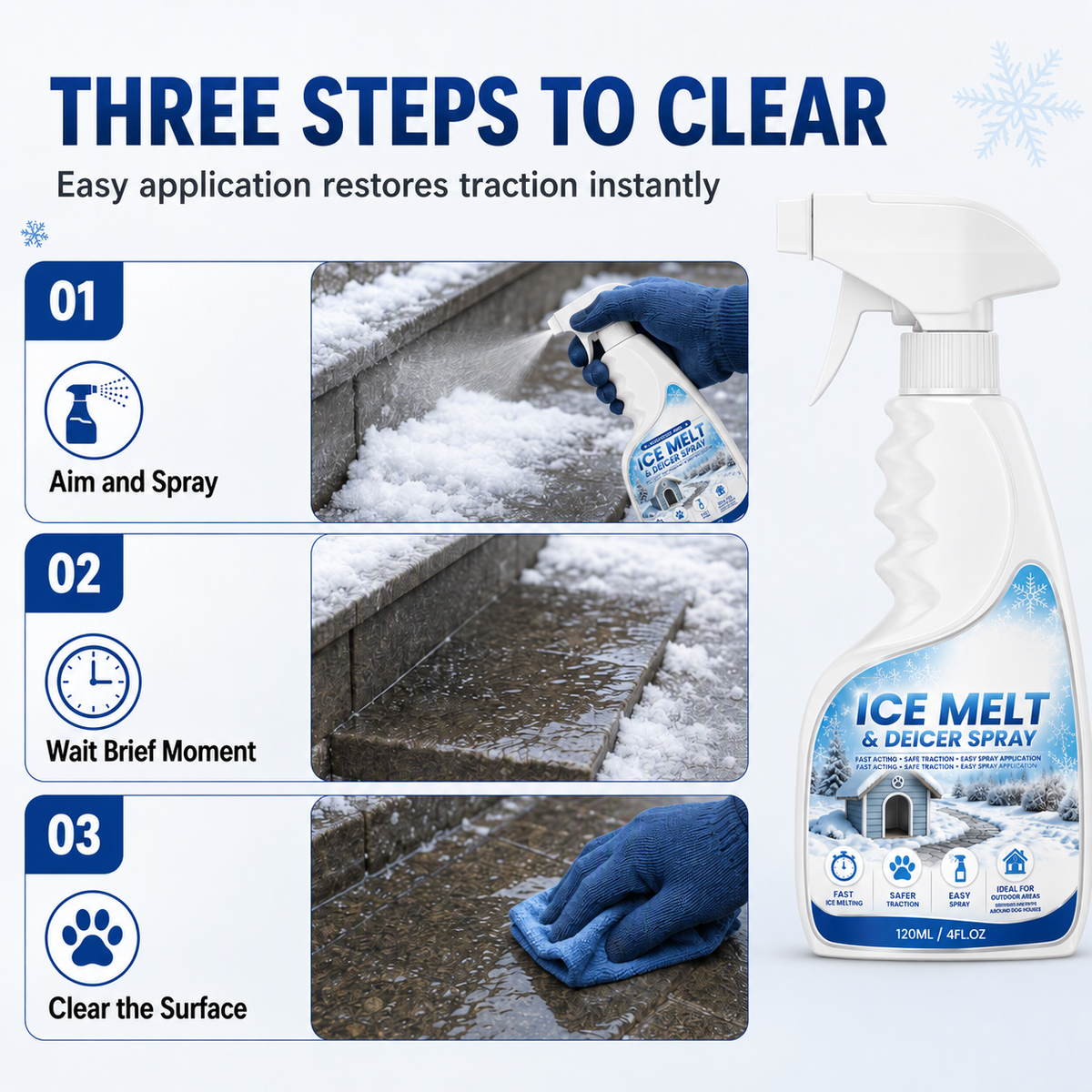 Outdoor De-Icing & Snow Melting Spray – pet-safe, dissolves frost on contact. Clear steps, walkways & patios fast
