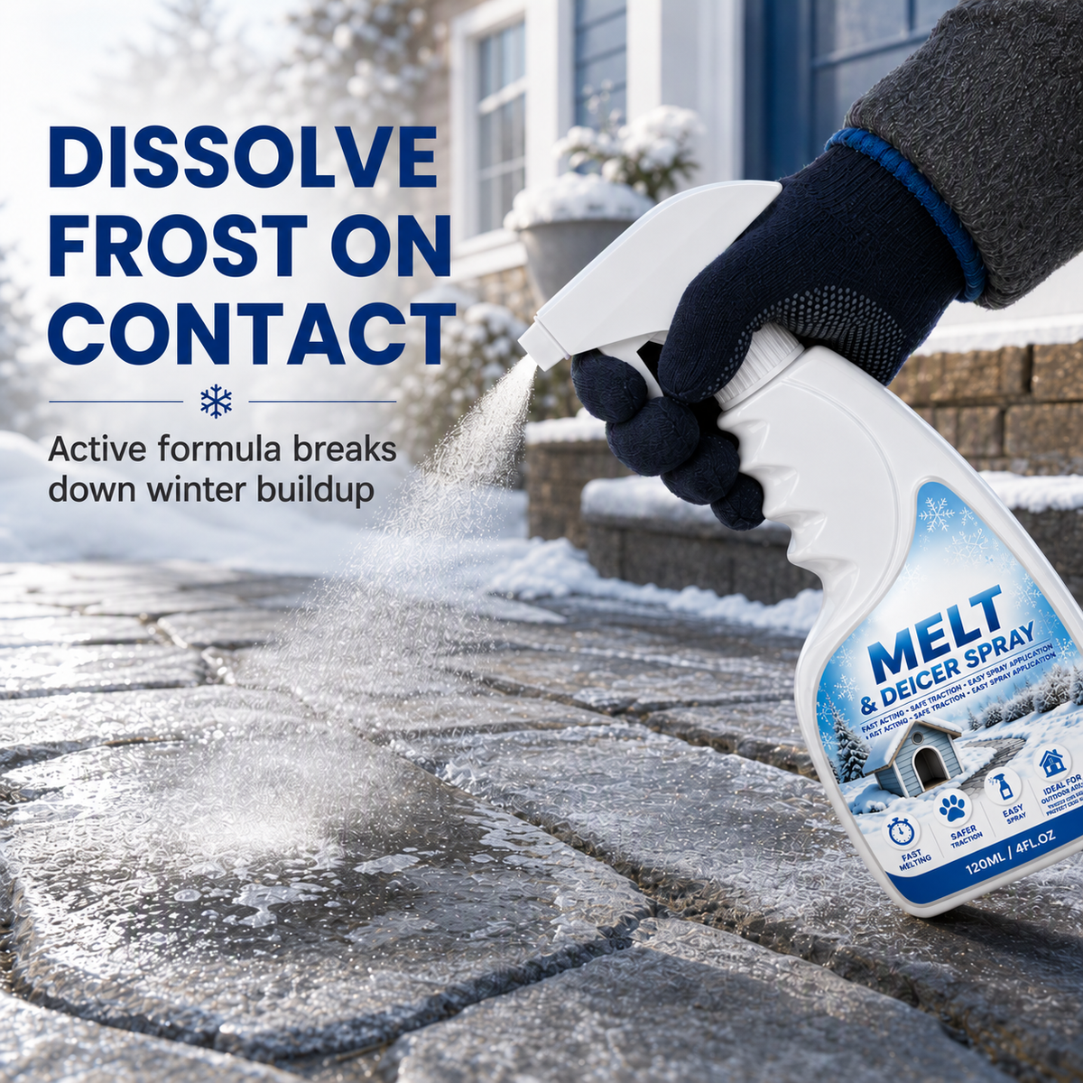 Outdoor De-Icing & Snow Melting Spray – pet-safe, dissolves frost on contact. Clear steps, walkways & patios fast
