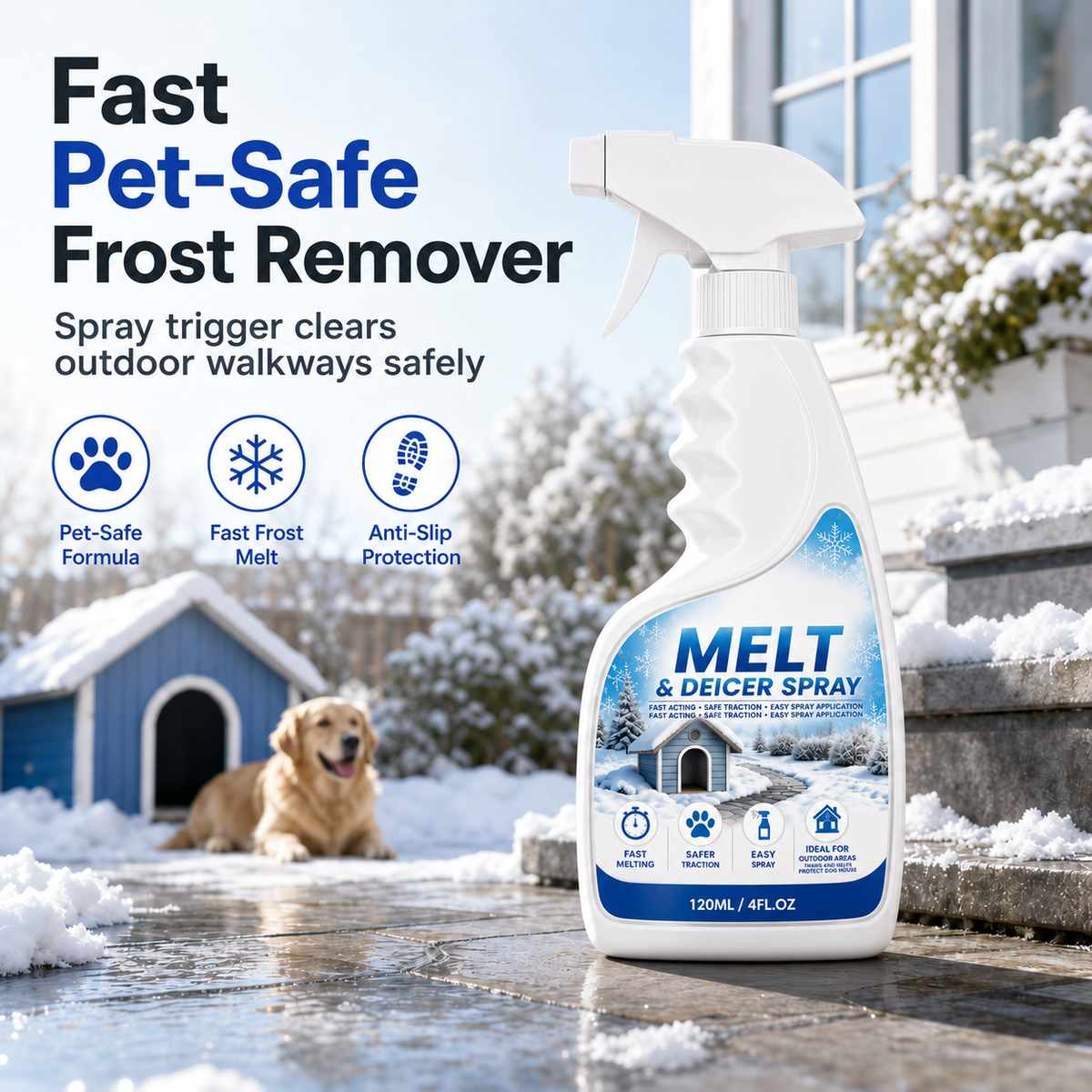 Outdoor De-Icing & Snow Melting Spray – pet-safe, dissolves frost on contact. Clear steps, walkways & patios fast