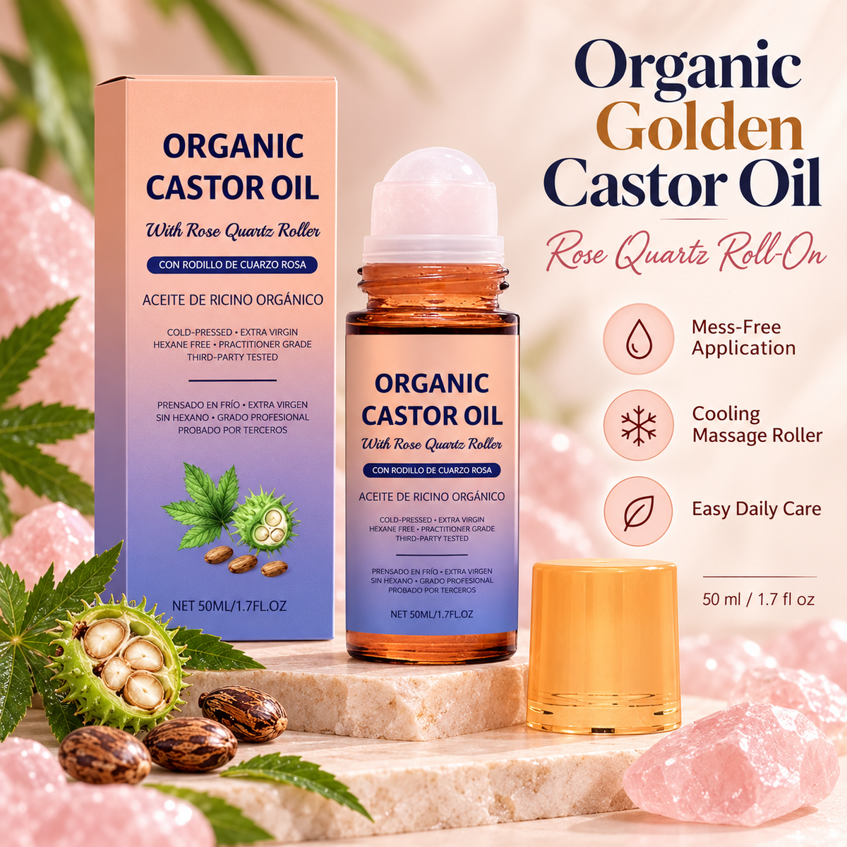 Organic Golden Castor Oil Roll-On with Rose Quartz