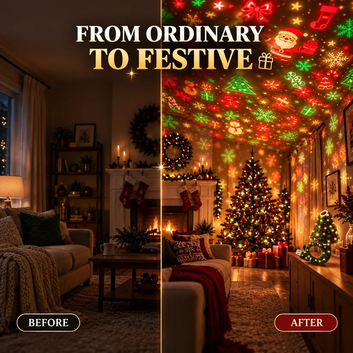 🎄 Christmas LED Projector Light ✨ | USB Plug & Play 🎅 6 Interchangeable Patterns ❄️ Cozy Holiday Room Decor 🎁