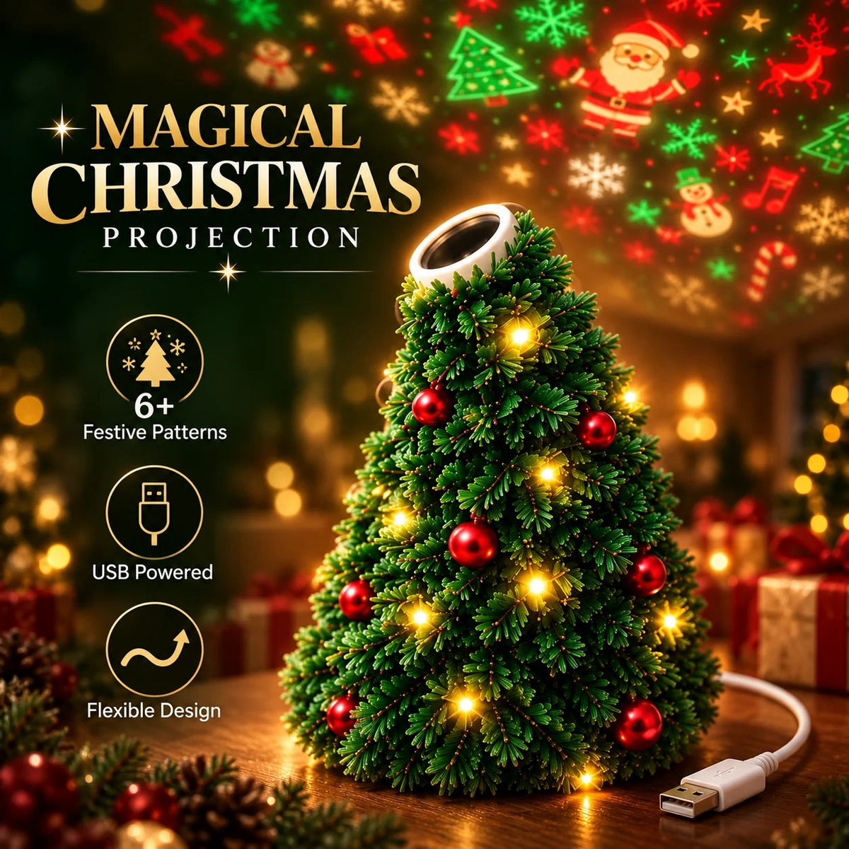 🎄 Christmas LED Projector Light ✨ | USB Plug & Play 🎅 6 Interchangeable Patterns ❄️ Cozy Holiday Room Decor 🎁